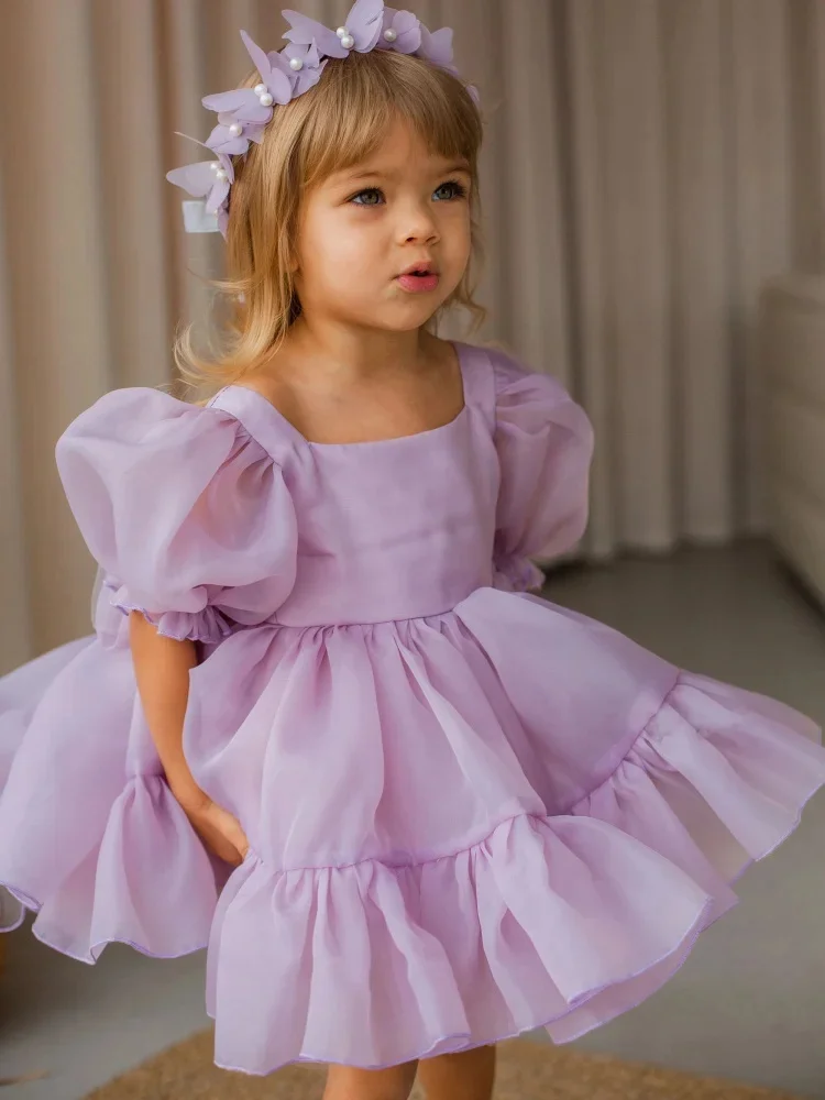 Customized Lavender Flower Girl Dresses For Wedding Short Sleeves With Bow Fluffy Little Girl Birthday Party Formal Events Gown