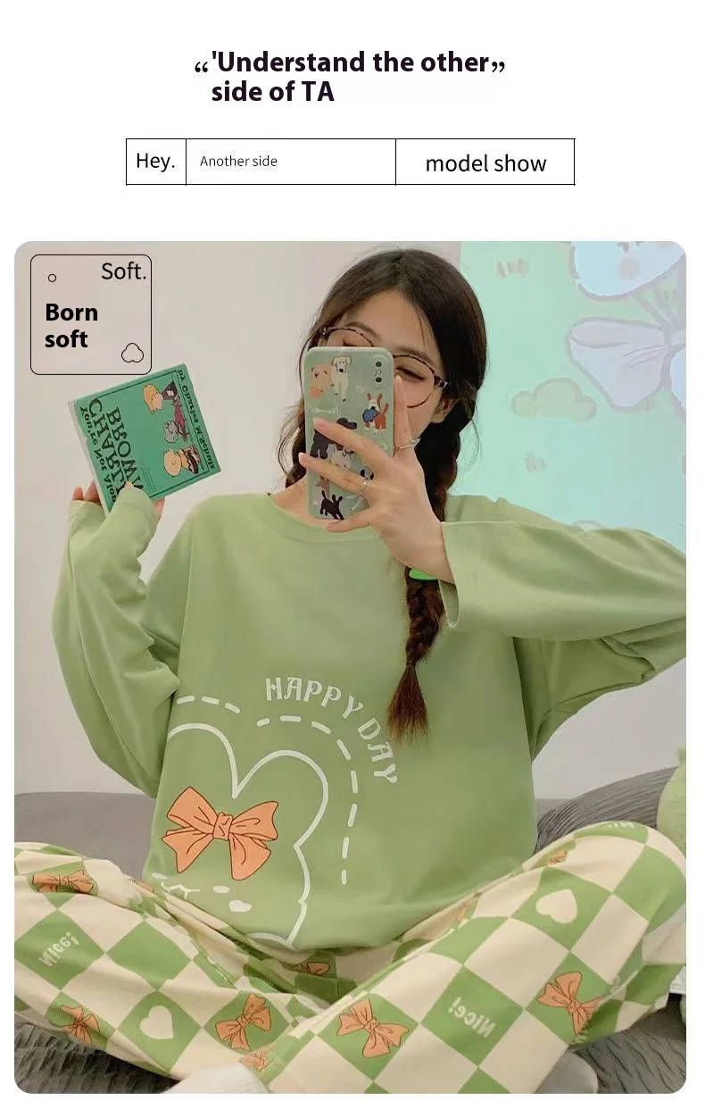 Damen-Pyjama im neuen Frühlings- und Herbststil, künstlerischer Langarm-Pullover in Übergröße, Cartoon-, Herbst- und Winter-dünne Homewear – Detail 2