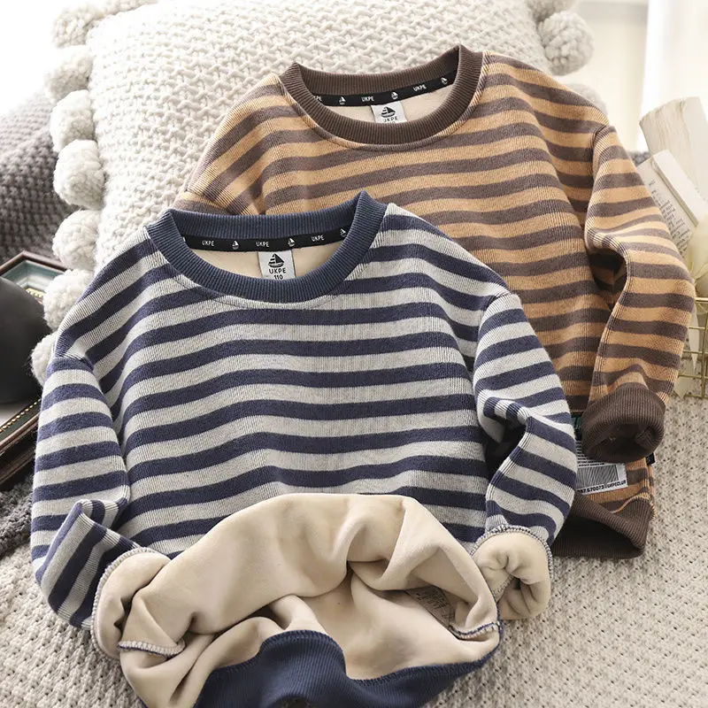 

Boys' Fleece-Lined Sweater New Children's Stripe Thickening Warm Medium and Big Children's Boy Bottoming Shirt Long-Sleeved Top