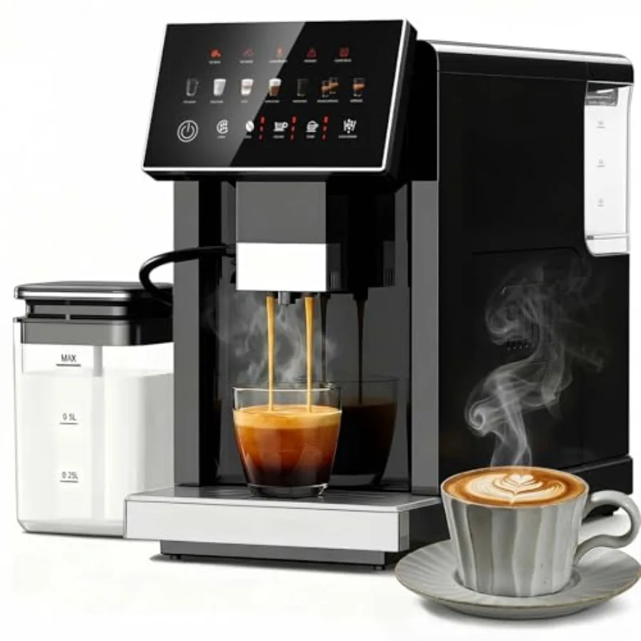 Vollautomatische Espressomaschine mit automatischem Milchaufschäumer, eingebautem Mahlwerk, intelligentem Alarm und intuitivem Touchscreen