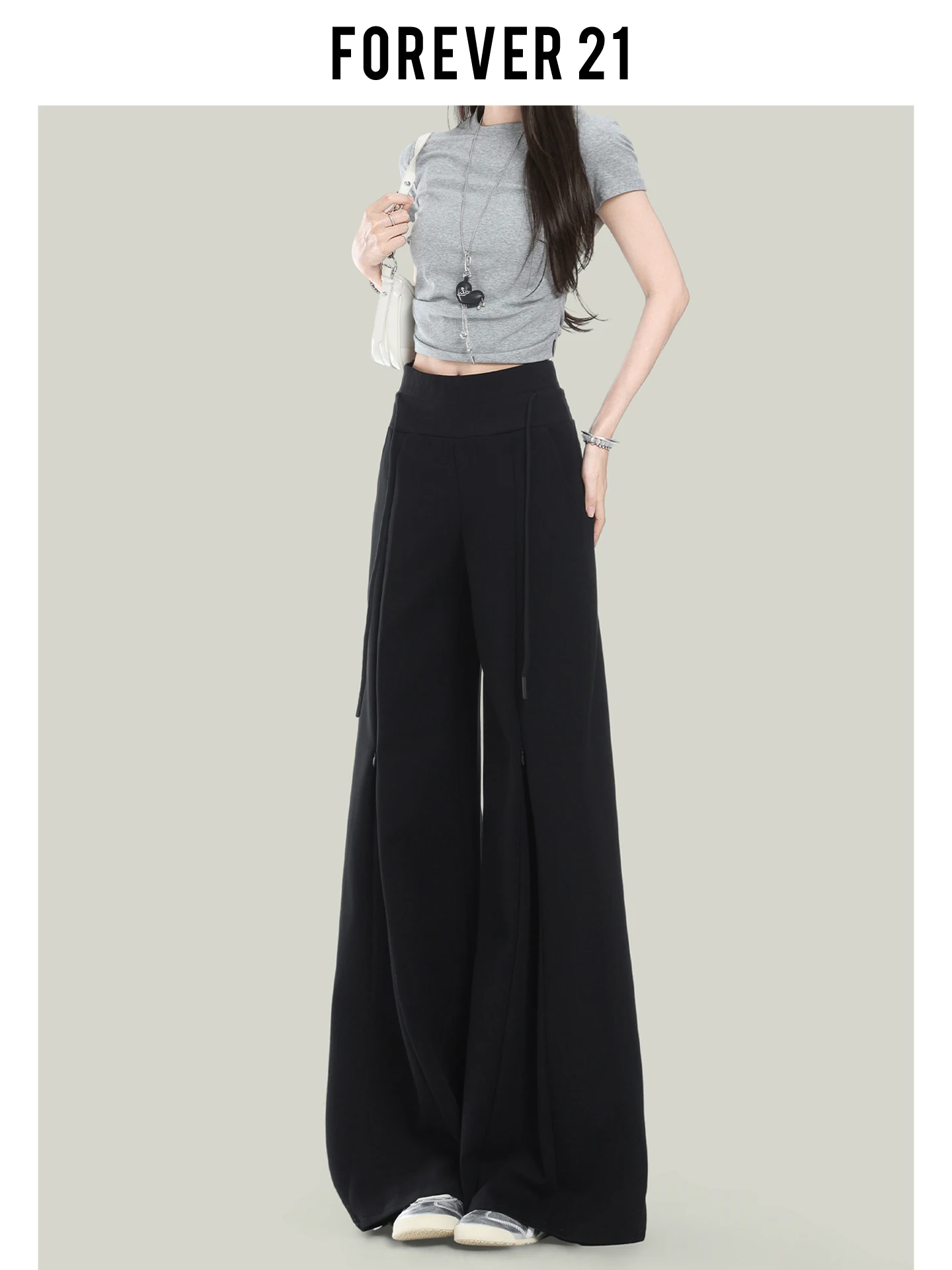 Pantalones Casuales Anchos Retro Negros Forever 21 para Mujer, con Cordón Ajustable, Estilo Americano, Caída Fluida, Efecto A...