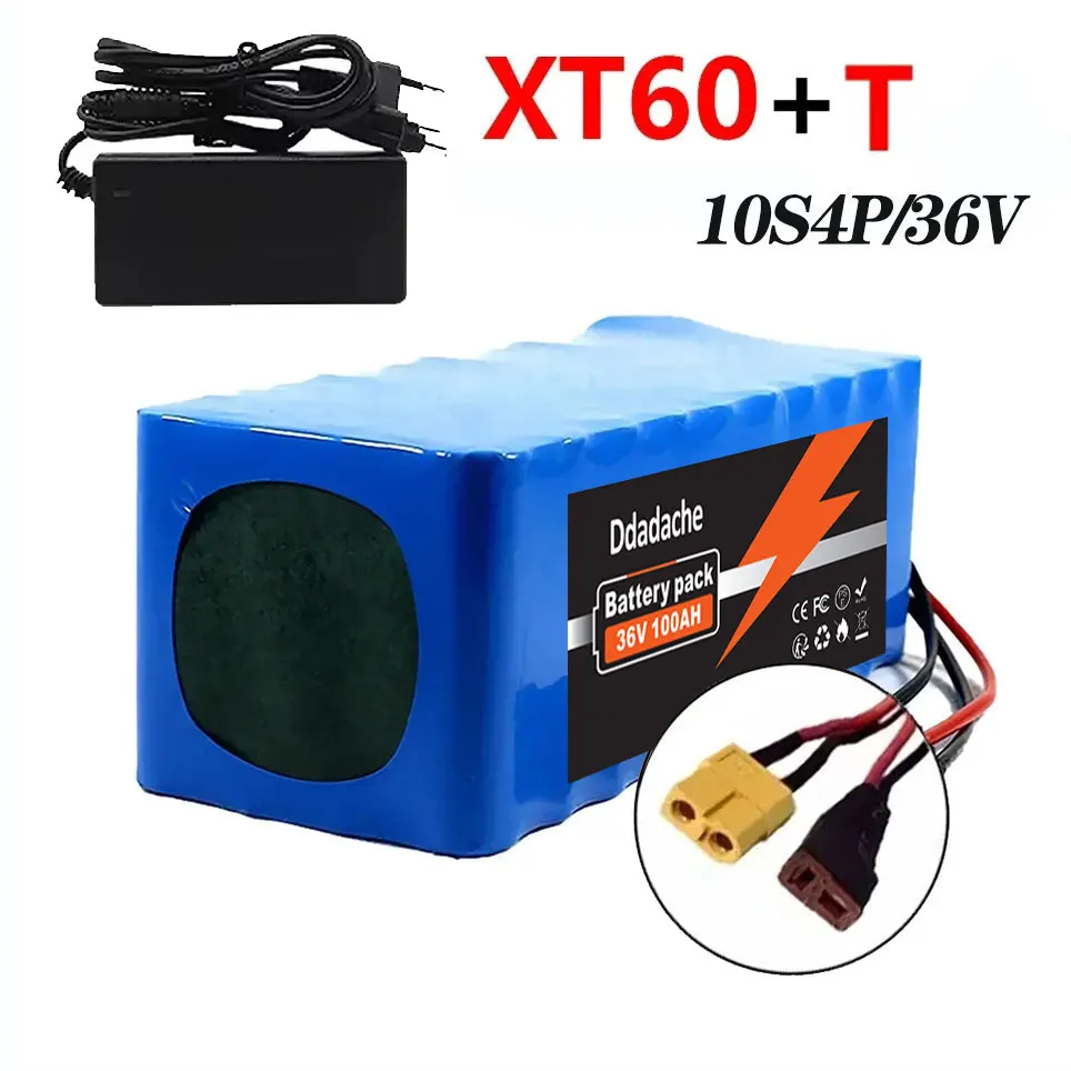 10S4P 100Ah lithiumbatterij, 36V grote capaciteit, gebruikt voor fietsen en elektrische scooters, inclusief BMS XT60-aansluiting en oplader