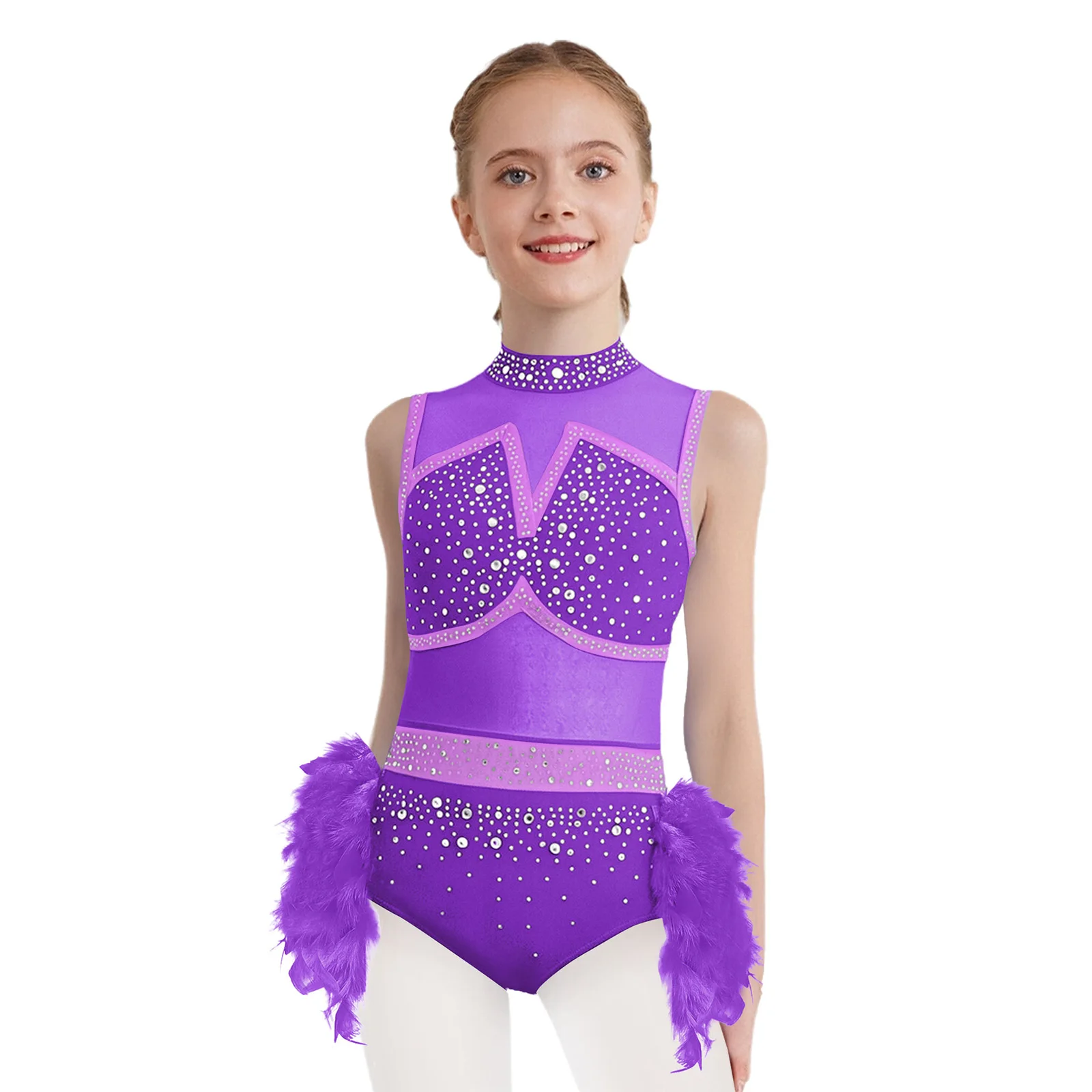 Kids Girls Jazz Latin Ballet Dance Leotard Cutout Back Rhinestones Unitard+Feather Briefs Skirt for Figure Skating Performance