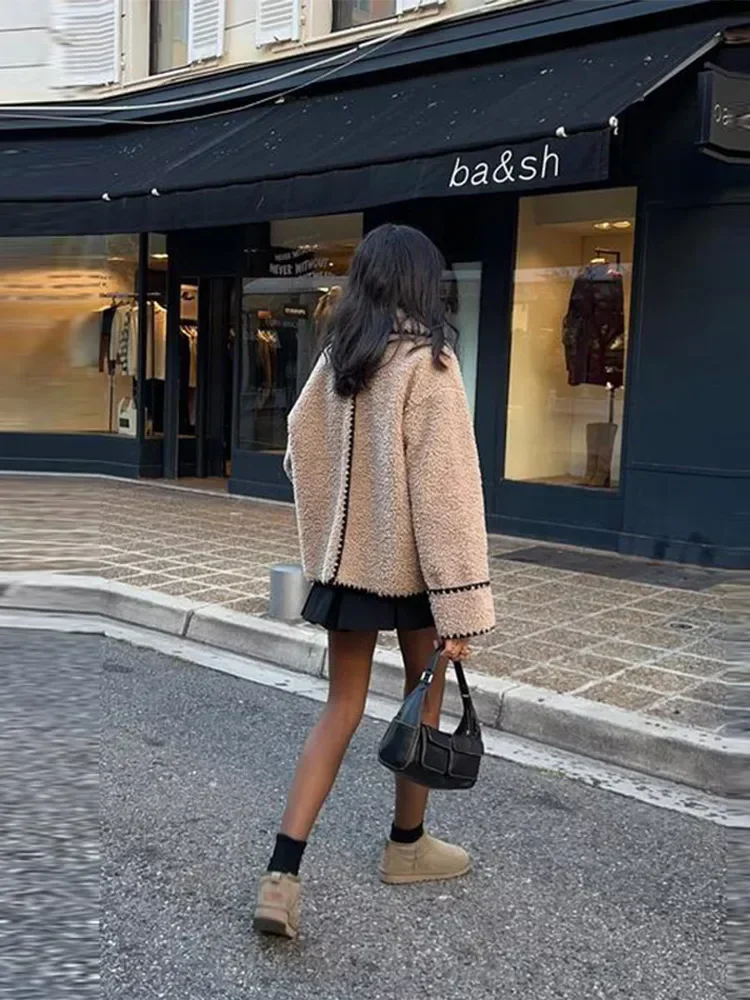 Chic Solid Color Patchwork Warm Coat Women 2023 Autumn Winter Loose Covered Button Long Sleeve Pockets Coats Female Streetwear