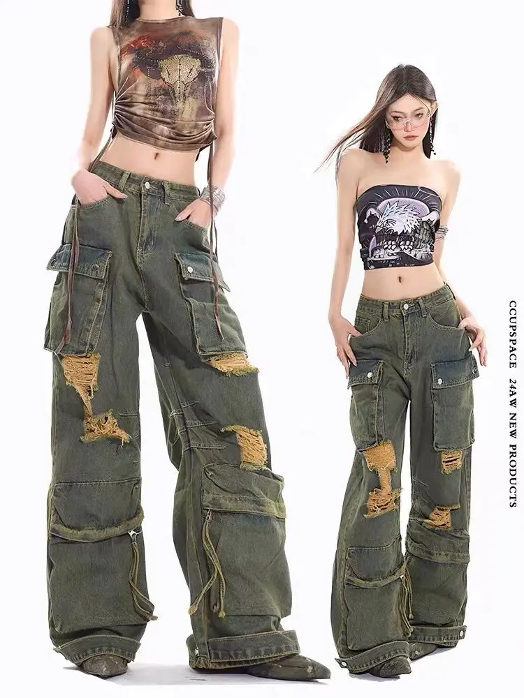 بنطال جينز بنمط الشارع الأمريكي للنساء مقاس كبير مع جيوب متعددة وفتحات فضفاضة وتنحيف واسعة الساق