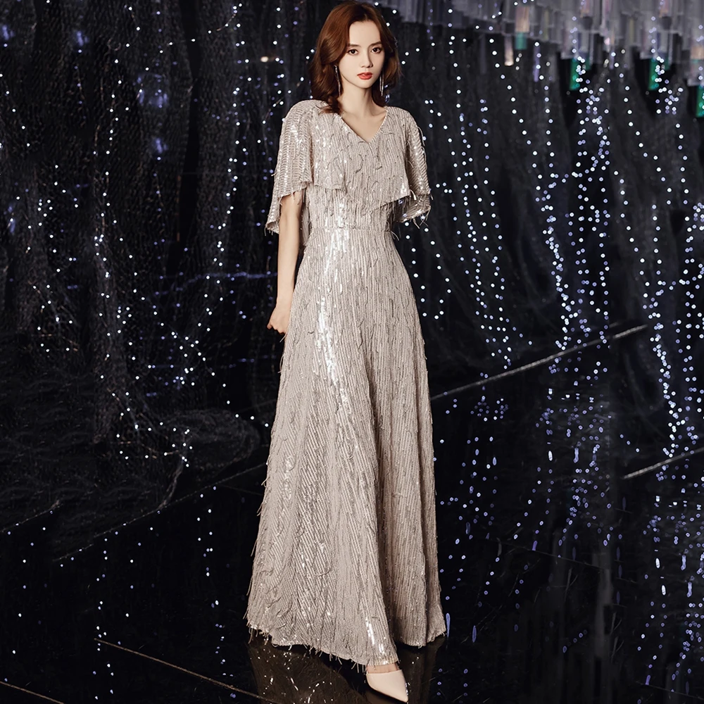 Evening Dress V-Neck Sequin Party Dresses Women Evening A-LINE Party Dress Customized