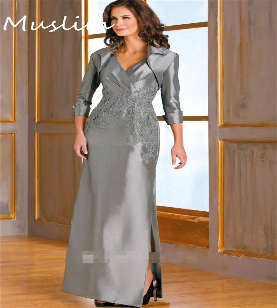 Elegant Silver Mother Of The Bride Dress With Jacket V Neck Plus Size Lace Groom Mother Evening Gowns Formal Prom Customized