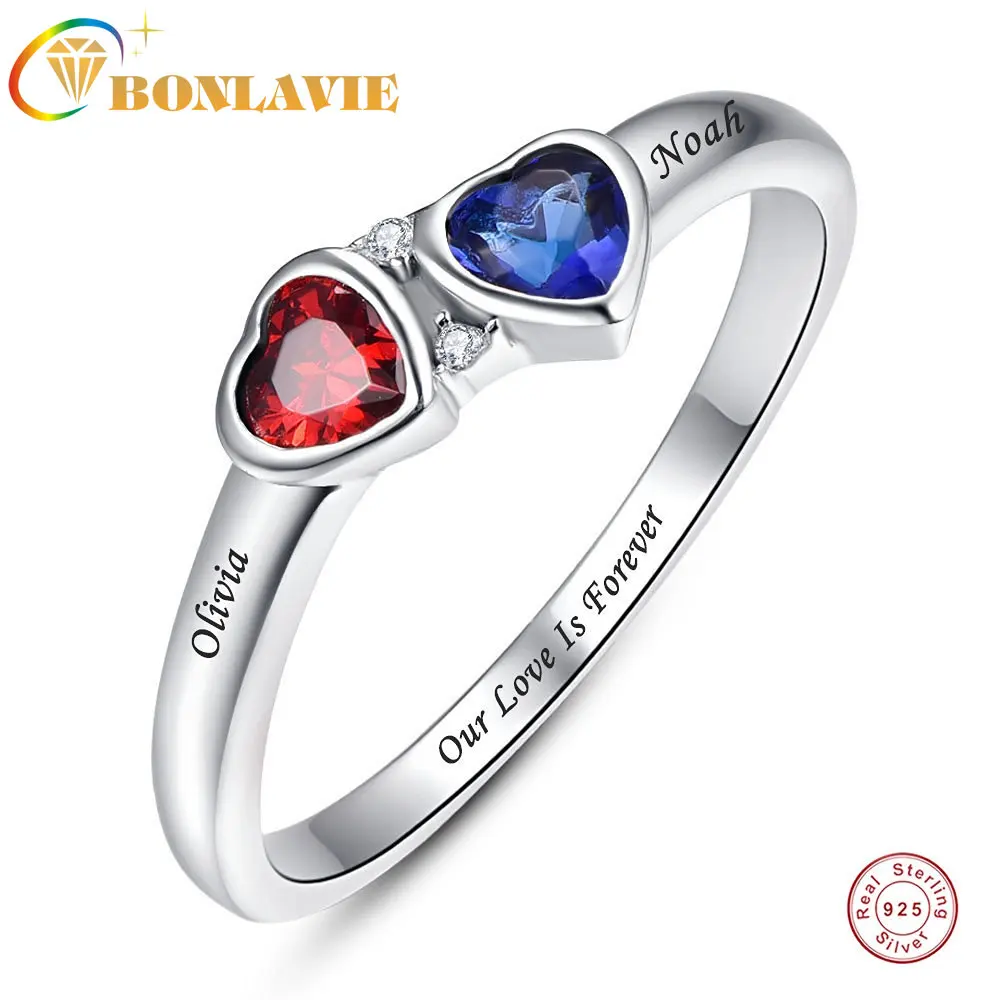 

BONLAVIE 925 Silver Ring Customized Zircon Heart-shape Gem 2 Birthstone 2 Names Women's Wedding Birthday Gift Jewelry