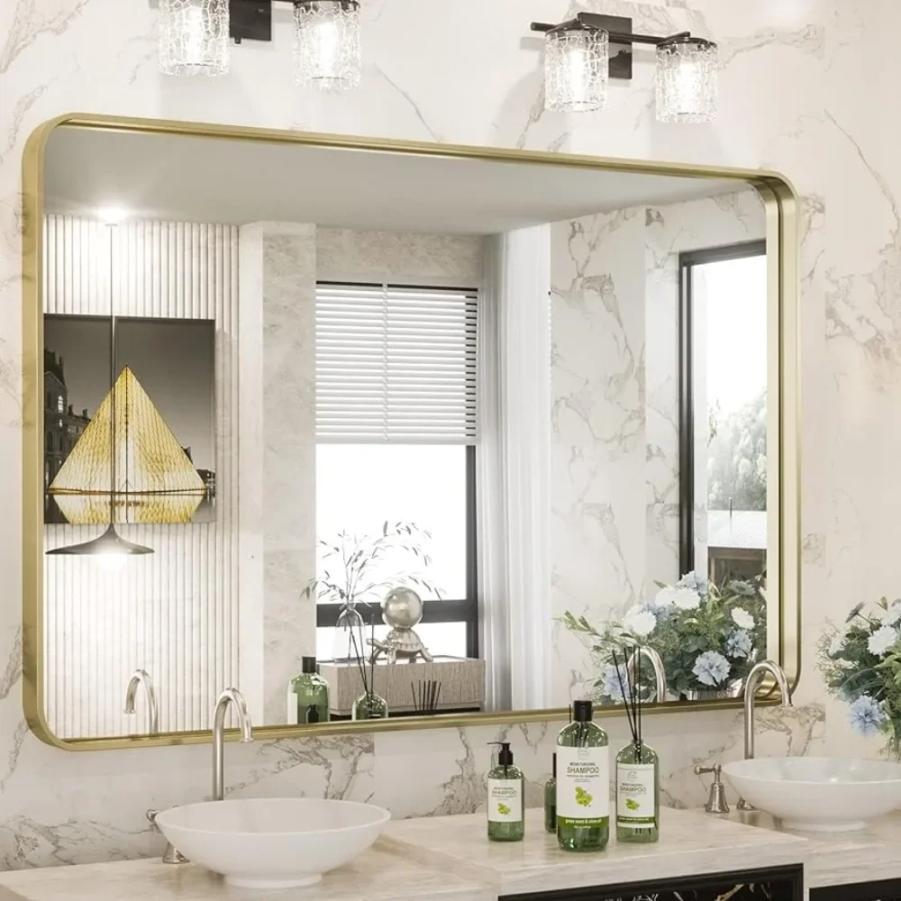 Gold Bathroom Mirror for Wall 40 X 30 Inch Rounded Corner Rectangle in Aluminum Alloy Metal Frame Deep Set Freight Free Mirrors