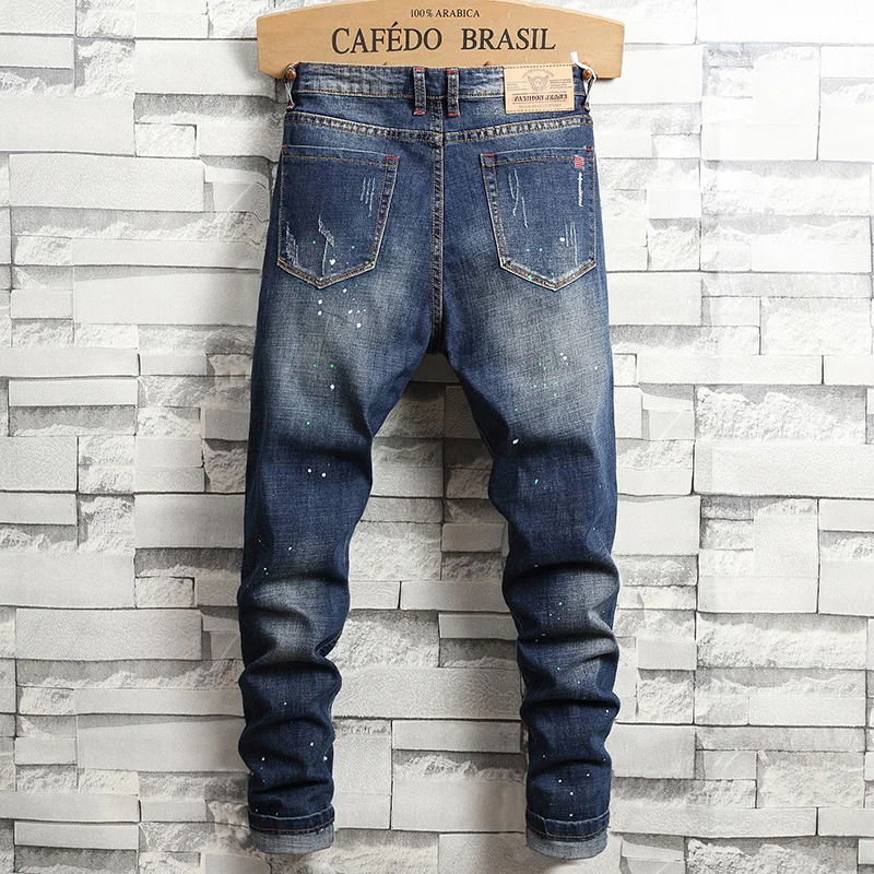 

Men's Slim Fit Jeans Elastic Casual High Street Style Ripped Patchwork Pants Fashionable Tight Menswear Spring New Arrival