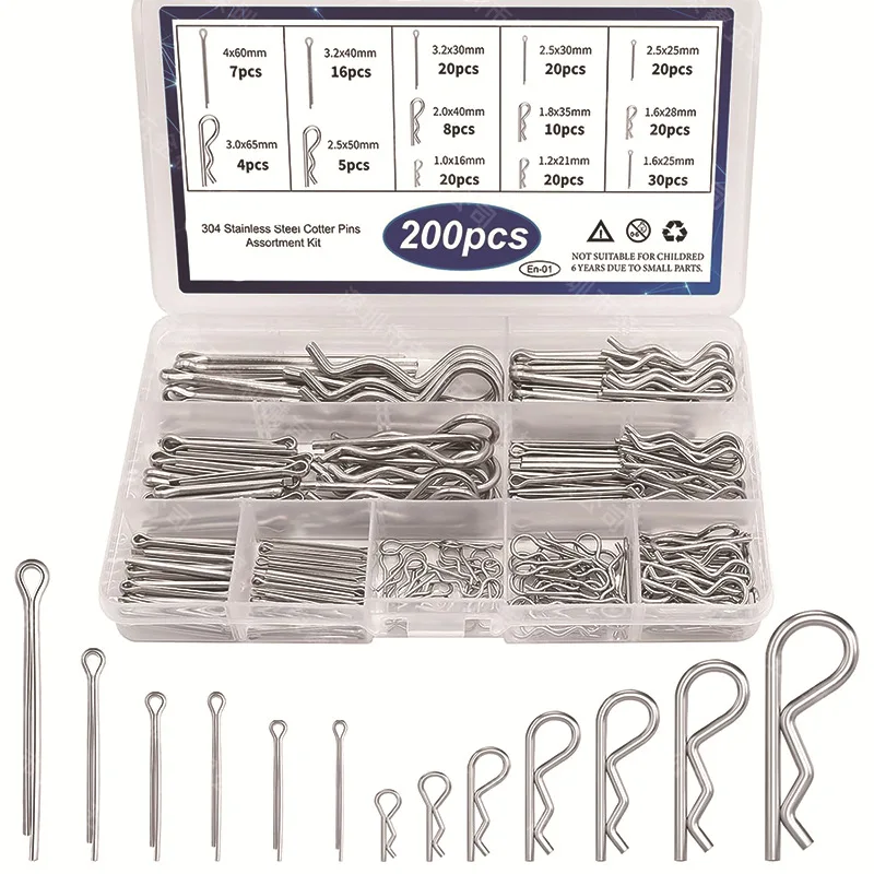 200Pcs Cotter Pins Assortment Box, Split Pins R-Clip Retaining Fasteners for Hanging Connection