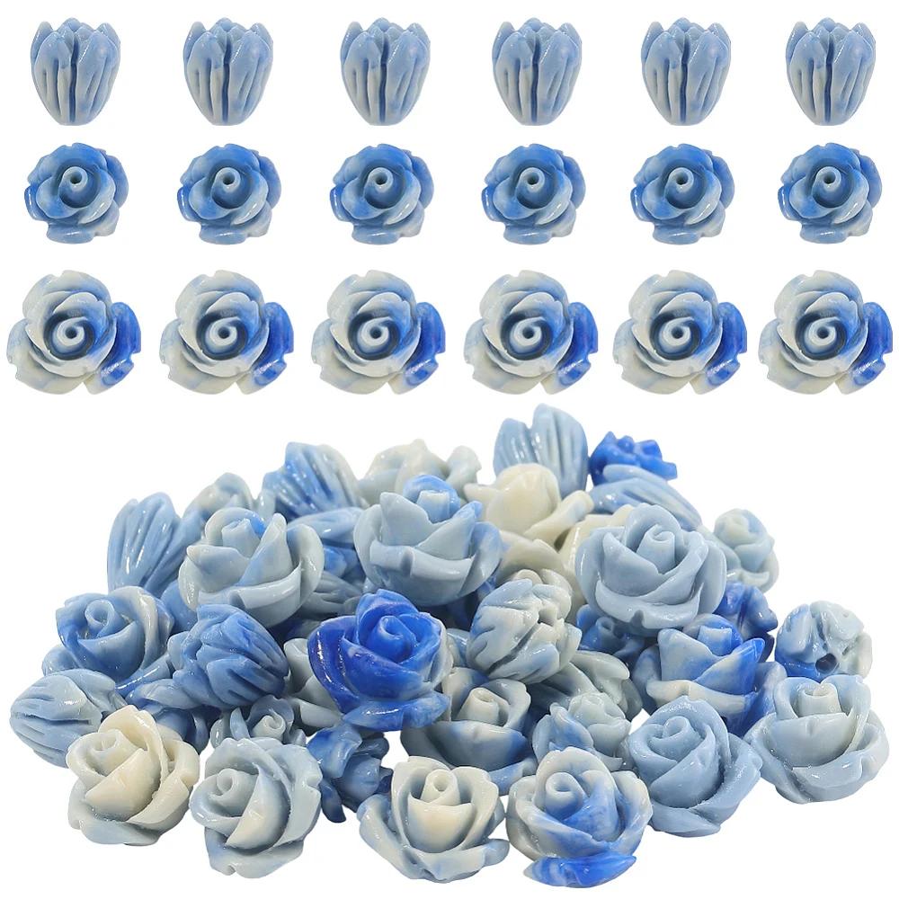 1 Box 60Pcs 3 Styles Blue Rose Beads Carved Flower Bead Bulk Coral Artificial Dyed Jasmine Floral Shaped Loose Spacers Bracelet