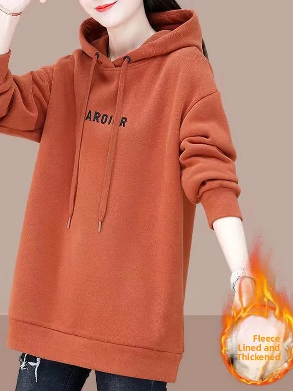 Thiened Fce Hoodie Women's Mid-Length Long Sve Faionable Loose plus Size Autumn Winter New Sle Korean Version