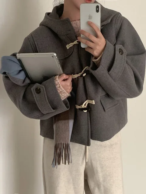 

Французское свободное женское пальто в стиле ретро на пуговицах с капюшоном или шерстяное пальто женское шикарное зимнее новое Sle College Plaid Jaet