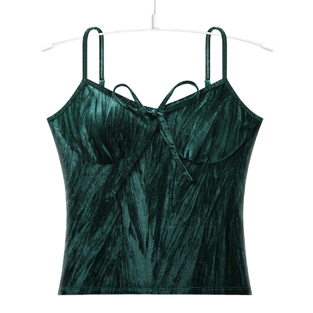 

Ins Fashion With Chest Cushion Velvet Camisole Non Trace Bowknot Crop Tops Streetwear Solid Color Velvet Corset Daily