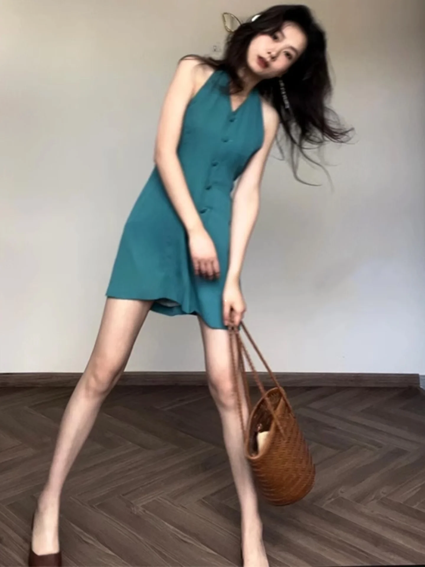 

Rouje Kefss Vintage V-ne Hanging Ne Dr Women's Summer Single Button Slim A-line ort Skirt Casual High Waist Dr