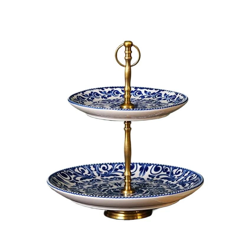 Blue and White Porcelain Fruit Basket  Tiered Brass Handle Dessert Stand for Dining Room Serving Platter & Countertop Decor