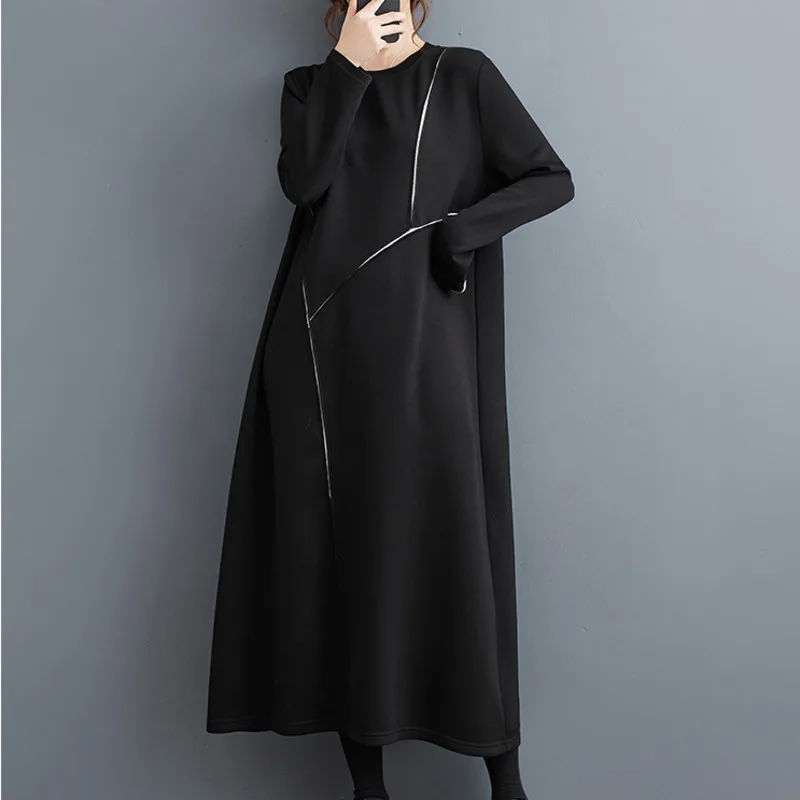 #6640 Autumn Winter Black A-line Dress Split Joint Midi Dress Long Sleeve Loose Sweatshirt Dress Women Round Neck Korean Fashion