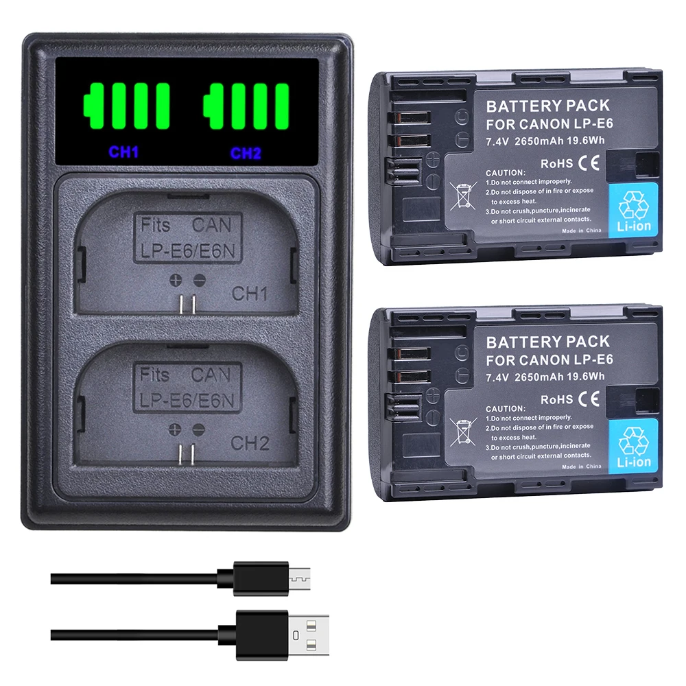 

2650mAh LP E6 LPE6 LP-E6 E6N Battery + Dual Charger For Canon EOS 5DS R 5D Mark II 5D Mark III 6D 7D 70D 80D Camera Accessories