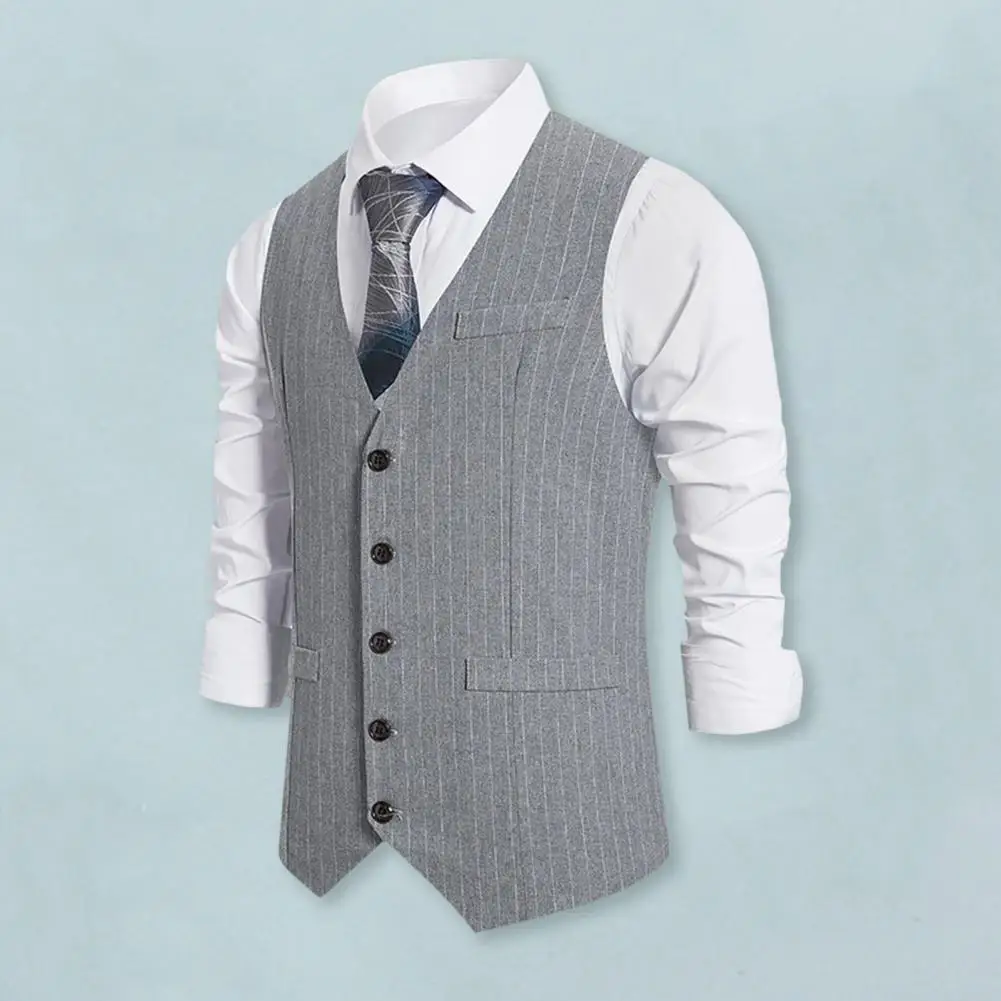 

Men Suit Waistcoat V-Neck Sleeveless Striped Print Formal Vest Coat Single Breasted Pockets Business Suit Vest