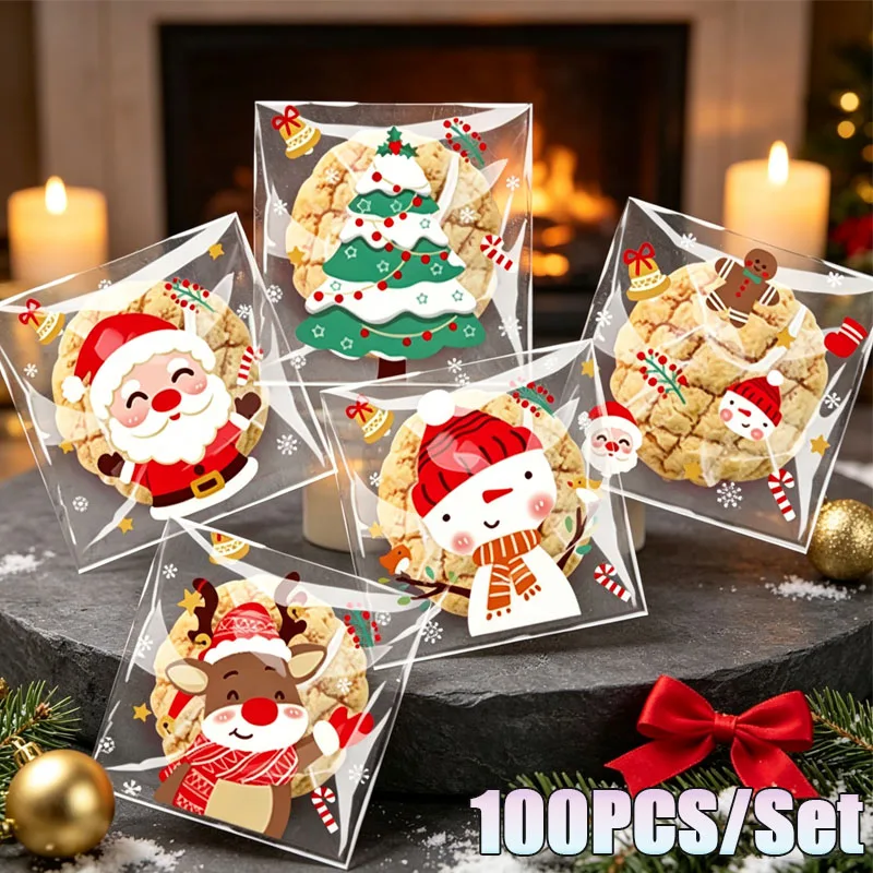 Bolsa de regalo con motivos navideños de 10x10 cm: Papá Noel, muñeco de nieve, ideal para dulces, galletas y otros pequeños obsequios. Se adhiere con cinta. Perfecta para decorar el hogar, como regalo para niños, para fiestas navideñas y como detalle para invitados.