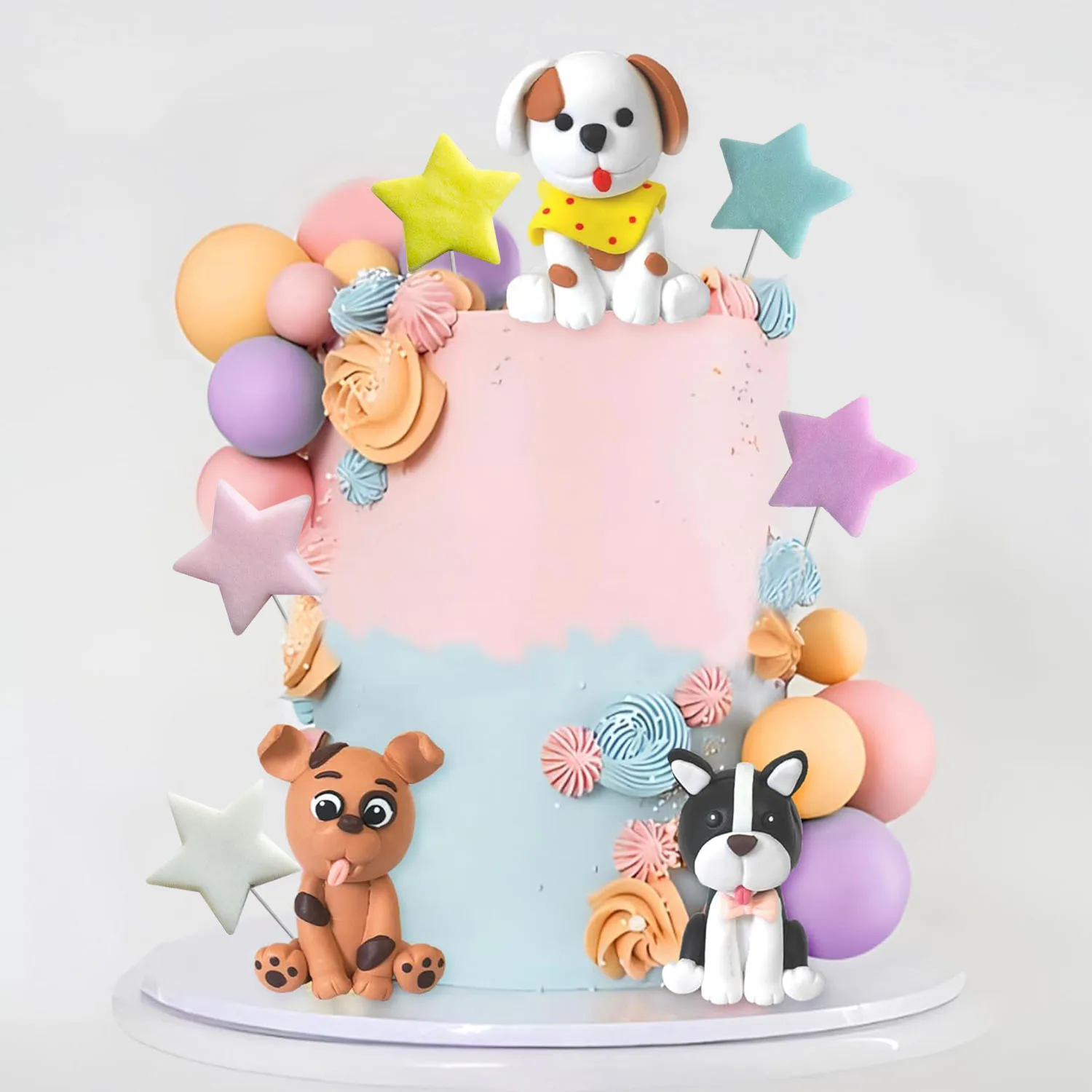 17 Uds. Adorno para tarta de perro arcilla cachorro estrella amarillo rosa púrpura bola adorno para tarta para perro tema cumpleaños perro suministros para fiesta de mascotas
