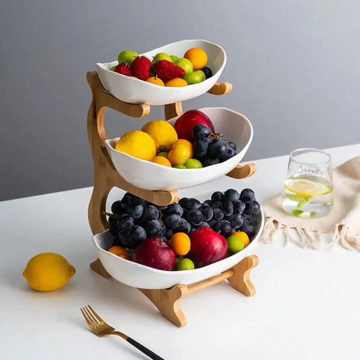 

Senmeo 3-Tier Fruit Bowl Stand - Bamboo Base, Food-Safe Plastic, For Kitchen Counter Snacks/Fruits/Veggies, Home Decor