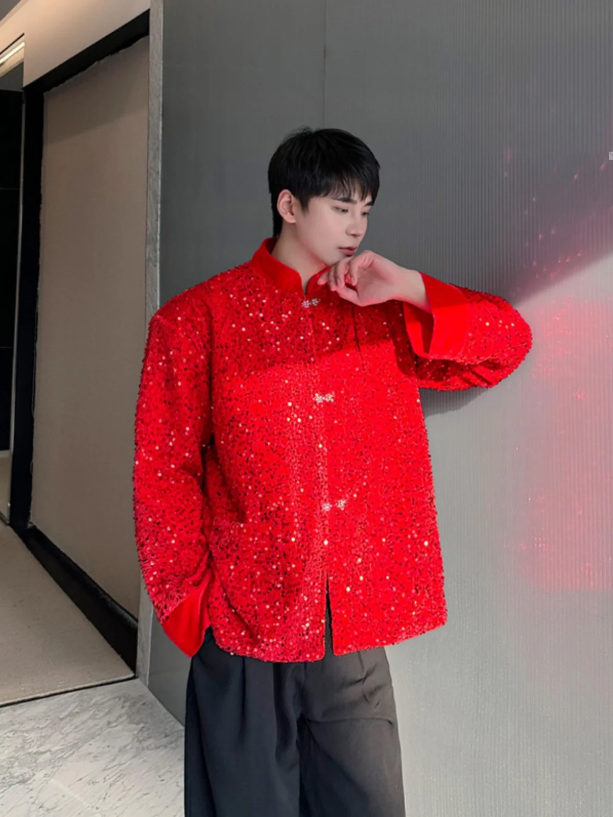 Early Spring New Sequined Red Suit Men's Casual Jacket Costume Long Sleeve Solid Color Loose Comfortable Stand Collar Clothes