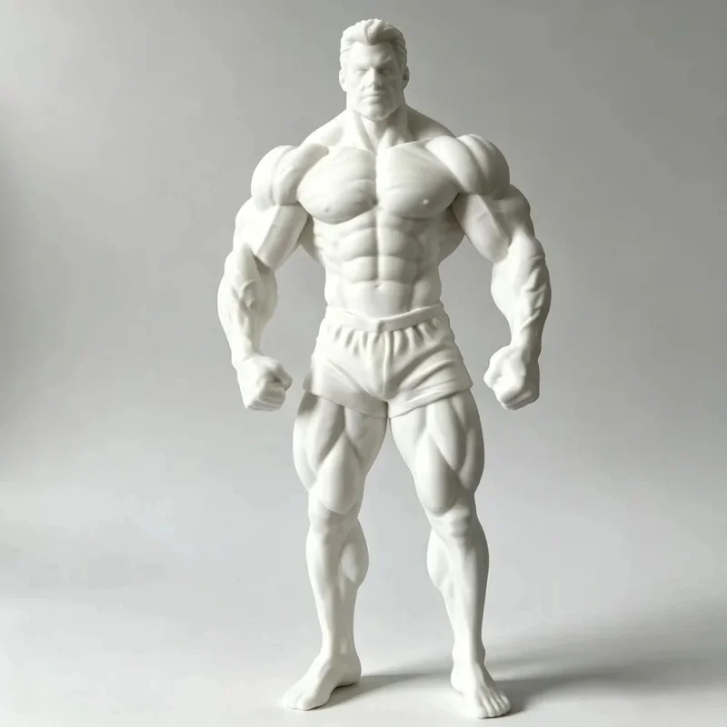 3D printed white model figurine of a muscular and fit man for bodybuilding. Arnold fitness sculpture ornament. 20cm size.