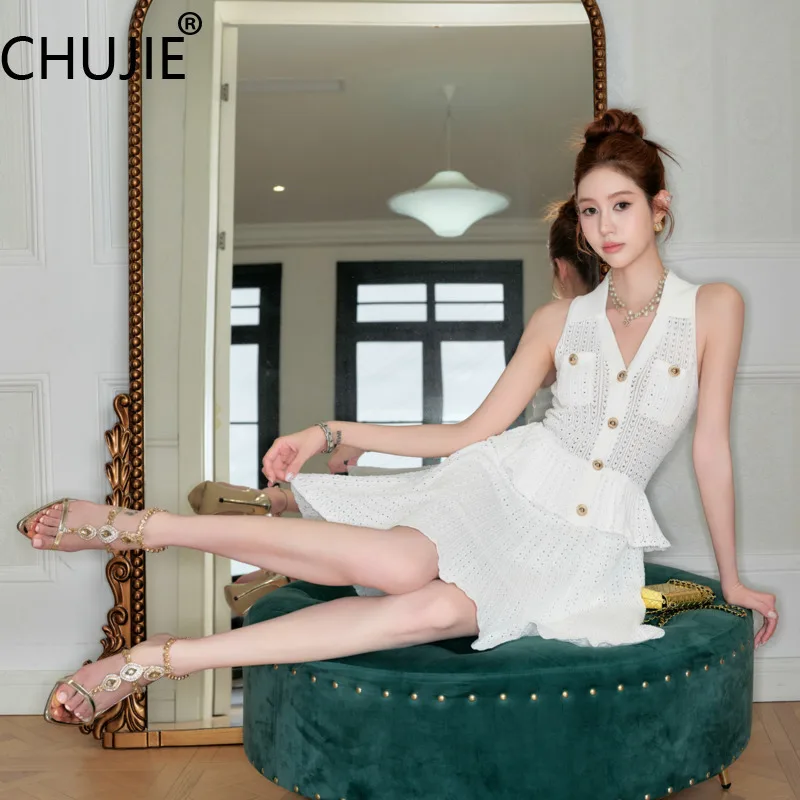 

CHUJIE Women's Summer Dress 2025 New French Socialite Style Slimming V-neck Single Breasted Ruffled Edge Patchwork Dress