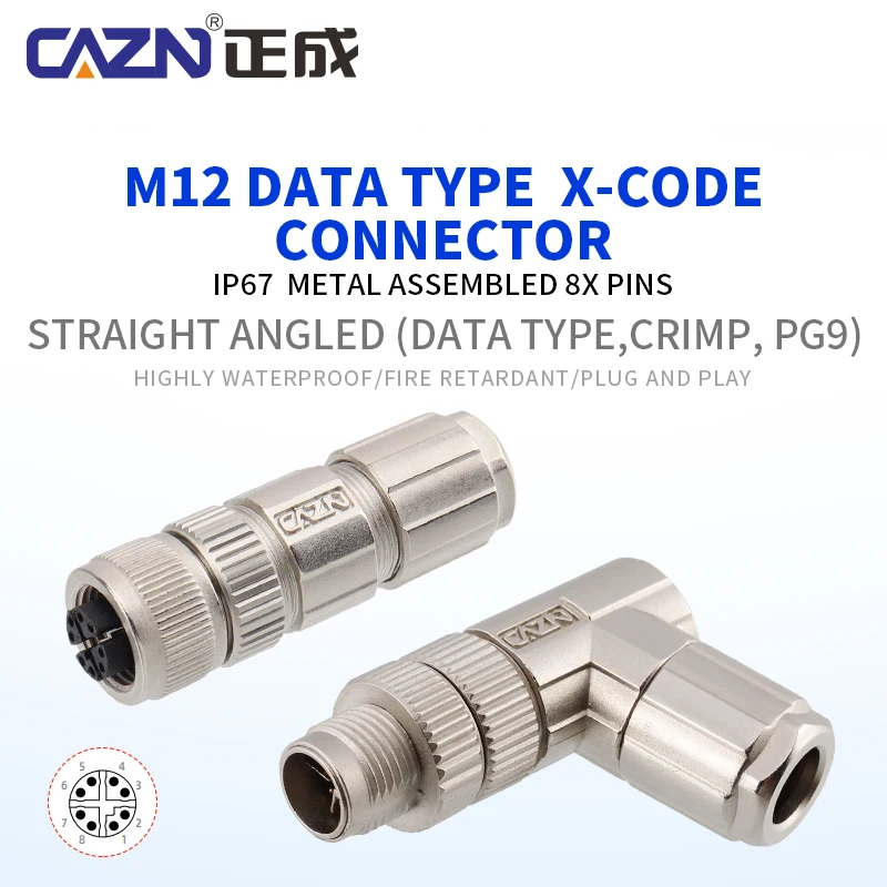M12 X-Coded Metal Assembled Plug Male Female Straight Angled 8 Pin Solder Crimp PG9 IP67 Shielded for Industrial Ethernet & Data