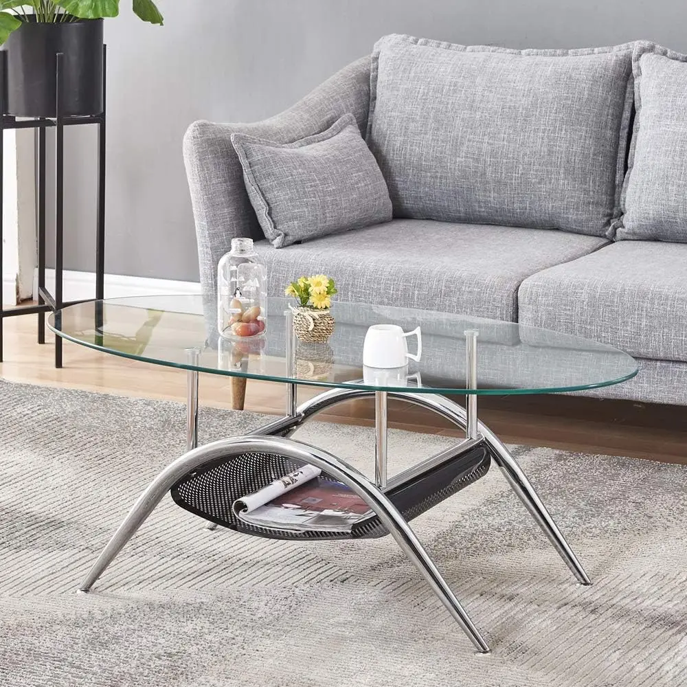 

Oval Coffee Table, Round Oval Glass Top Coffee Table Modern Tempered Glass Center Table Sofa Side Cocktail Tables for Living Roo