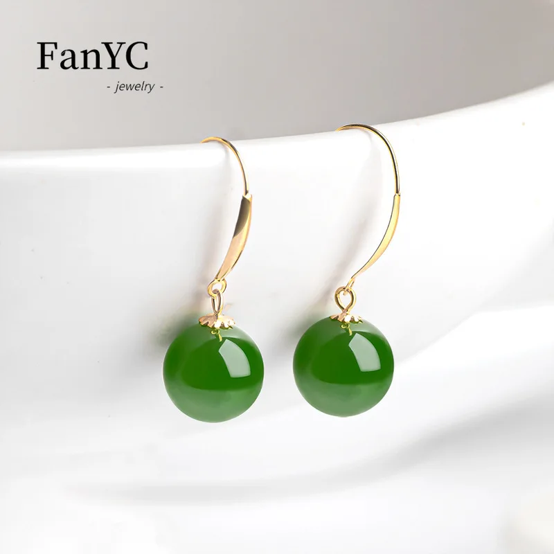 

18K Gold Set with Spinach Green Hetian Jade Jasper Earrings Authentic Women's Round Pearl Earrings Exquisite Fashion Jewelry