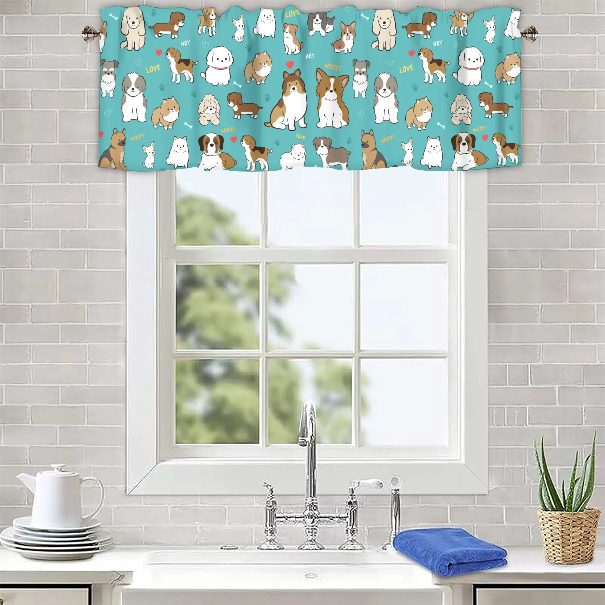 4 Panels Cute Puppy Dogs Valances Rod Pocket Cartoon Dog Hearts Short Curtain Window Treatments Bedroom Living Room