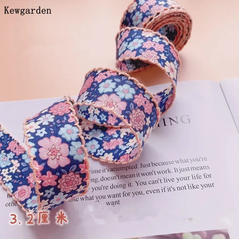 Kewgarden DIY Bows Hair Accessories 32mm 12mm Print Floral Overlock Edge Ribbon Handmade Tape Sewing Crafts 5 Meters