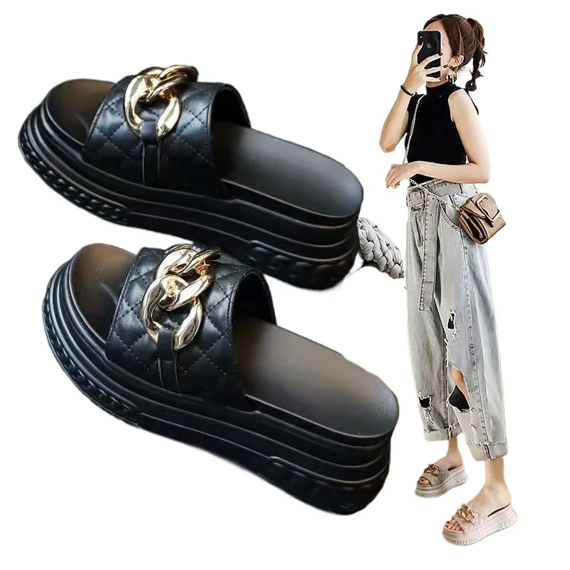 

SyfIyno, новые летние сандалии, летние тапочки из соснового торта с толстой подошвой, модные модные женские тапочки с цепочкой