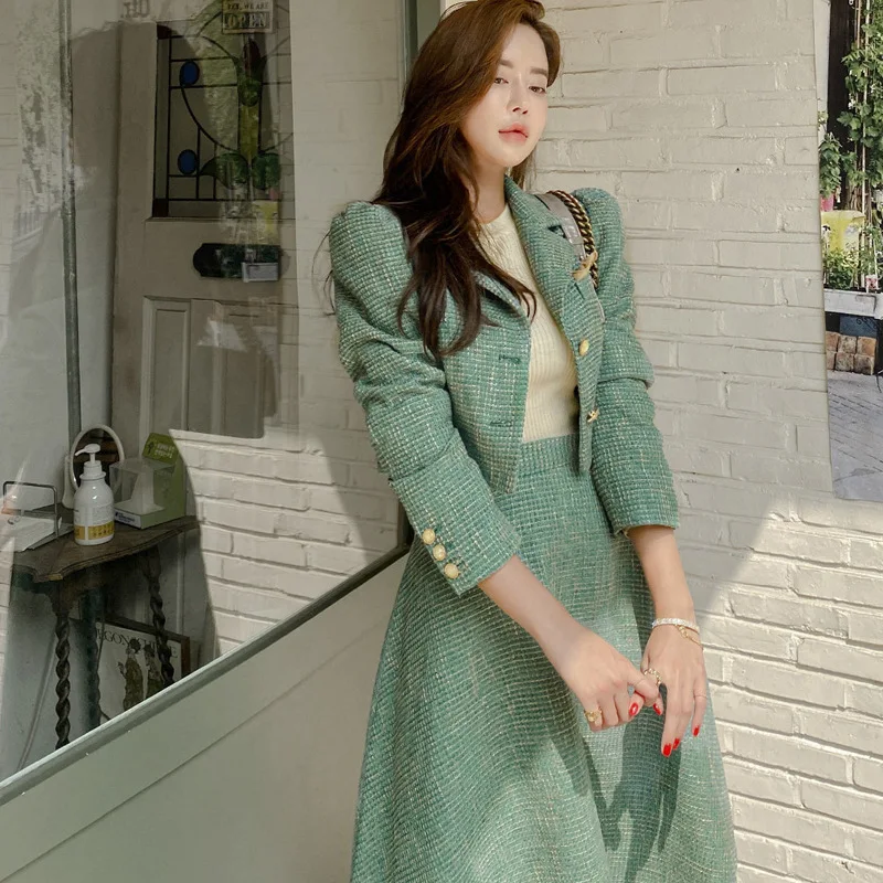 Elegant Temperament Two-Piece Set Tweed for Women Short Blazer Jacket +High Waist Swing Skirt Suits Green Korean Outfits