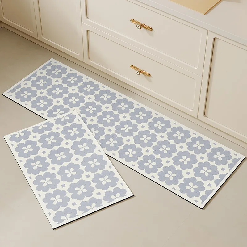 ห้องครัวแผ่นปูพื้นหนังกันน้ําพรม Pvc Anti-slip น้ํามันพรมเสื่อเท้ายาวดอกไม้สีฟ้าตกแต่งบ้านพรม