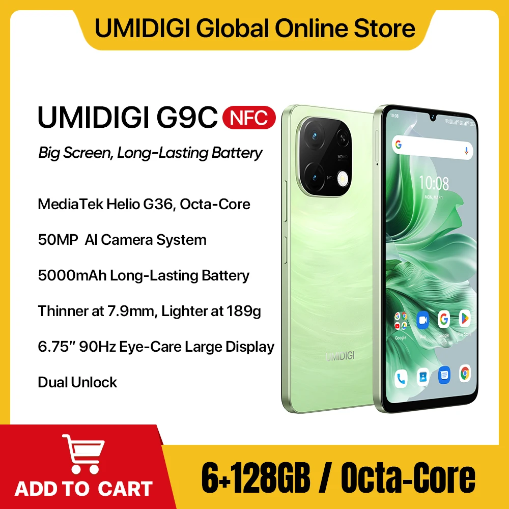 

UMIDIGI-G9C Android 14 Smartphone 6.75 ” NFC 90Hz 6G 128G 50MP AI Camera 5000mAh AI Face Unlock Helio G36