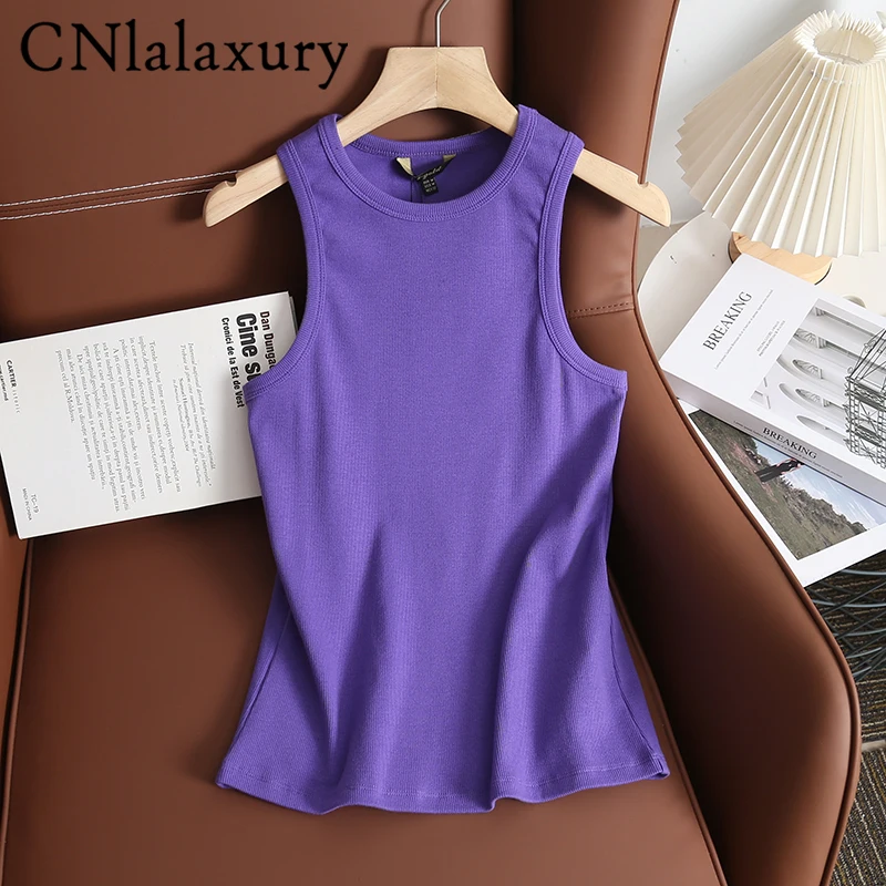 CNlalaxury Ribber Knitted Tops Femme O Neck Summer Basic Shirts White Black Casual Sport Vest Off Shoulder Green Women Tank Top