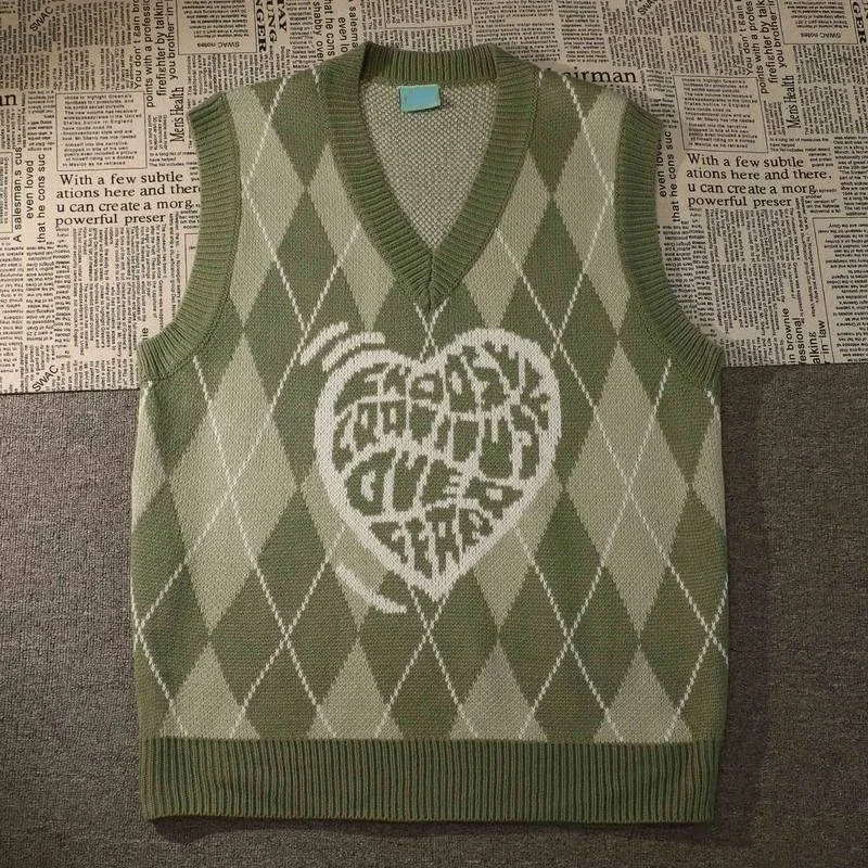 Argyle Sweater Vest Women Vintage Autumn Loose Casual Knitting Design Aesthetic Harajuku Classic Streetwear Chandails Friends