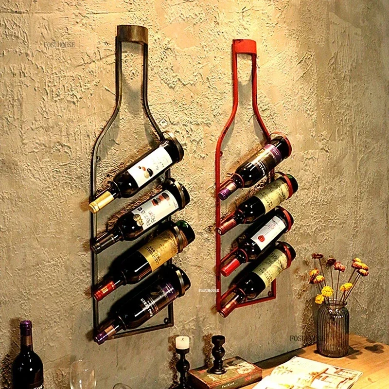 European Wall-mounted Wine Rack Home Creative Wine Cabinet Retro Bar Furniture Restaurant Bar Iron Wall Art Decorations v
