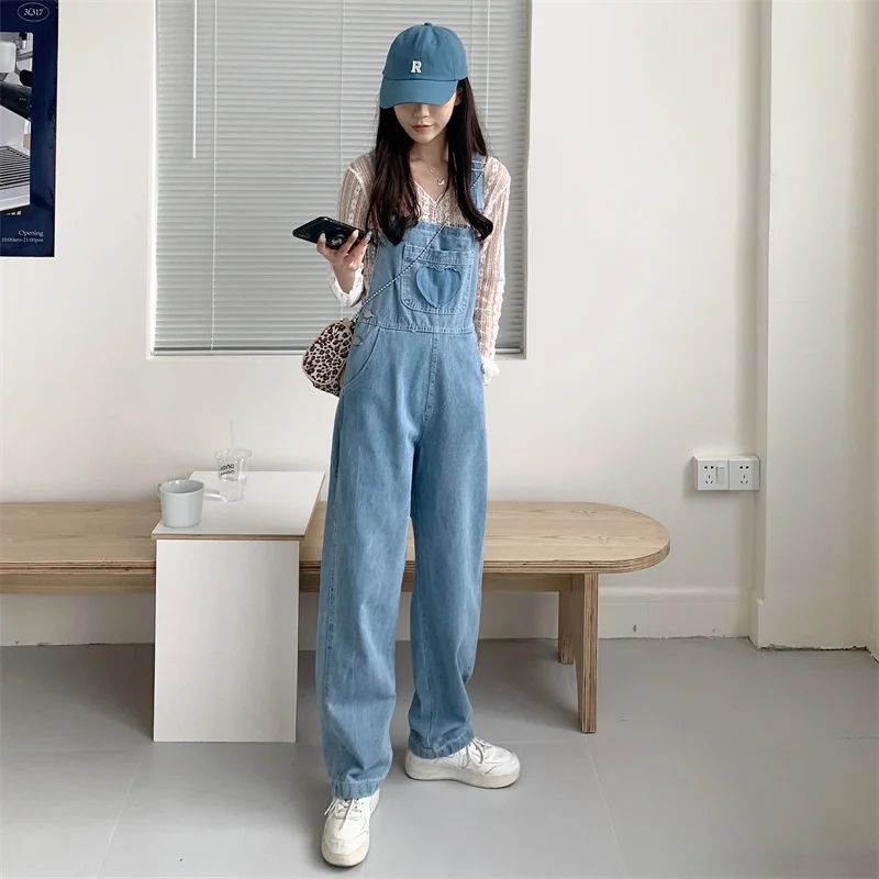 데님 오버올 여성 신상 레트로 디자인 하트 와이드 레그 팬츠 패션 하이웨이스트 루즈핏 진 점프수트