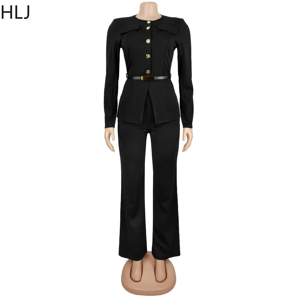 HLJ エレガントな女性用ツーピースセット、無地長袖シングルブレストクロップトップとパンツのマッチング、女性用ストリートウェア服