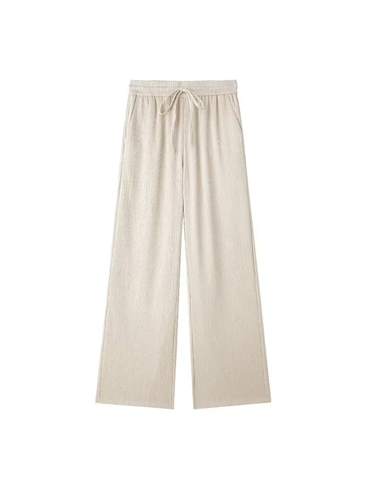 2024 Women Ice Silk Draped Pants Set High Waist Wide Leg Pants+ Solid Beige Long Sleeve Shirt Casual Loose Office Lady