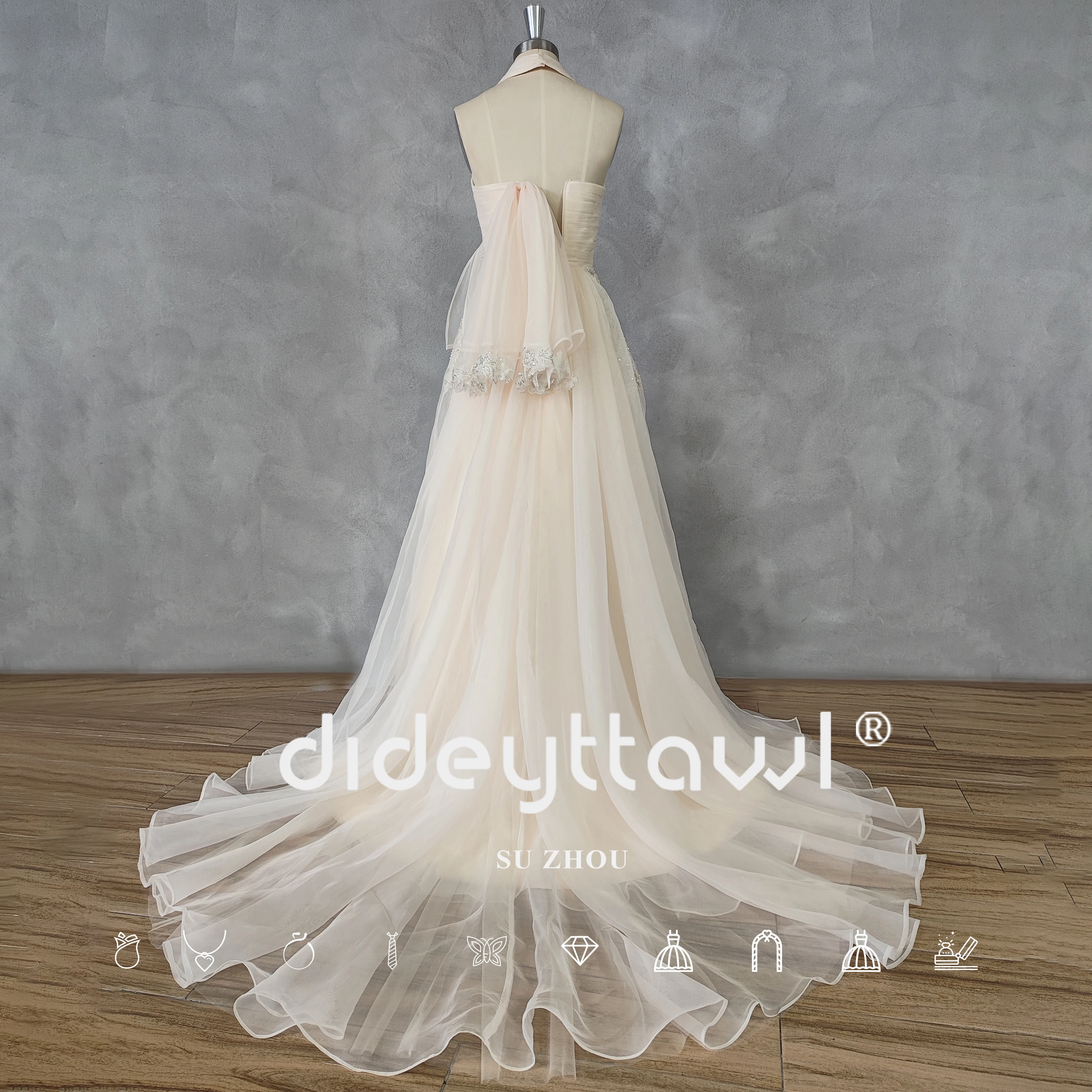 DIDEYTTAWL Real Picture Halter Organza Beaded A-Line Wedding Dress For Women Cut Out Zipper Back Court Train Bridal Gown