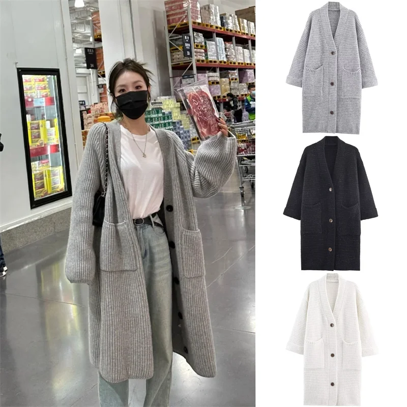 

Women's Coat 2025 Autumn New Style Solid Color Long Sleeve V-neck Simple Loose knitted Long Coat Casual and Fashionable