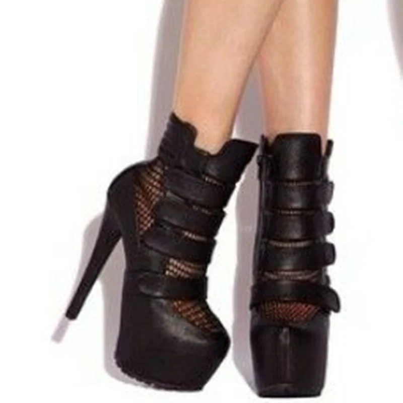 Platform Net Shinback Leather Ankle Boots Sexy Pointed Toe Thin Heel Hook New Arrival Autumm/Winter Modern Boots