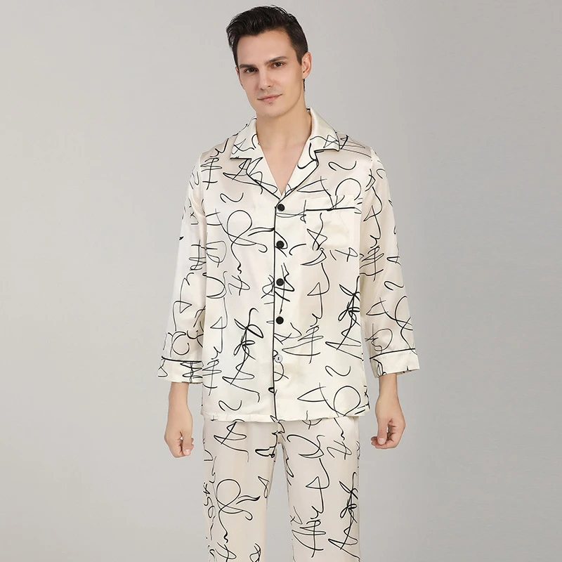 Winsleter, 19MM 100%Real Silk Men Pajama Set, Print Long Sleeve, Comfortable Luxurious Sleep Homewear,2025 Spring New S4D010CC