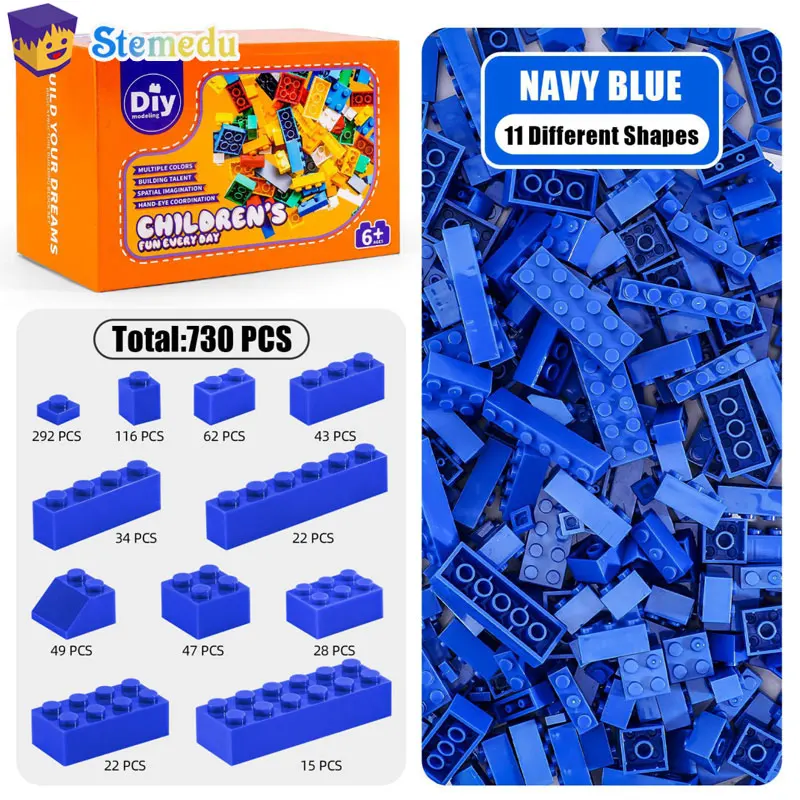 

730PCS Small Particle Building Blocks Mixed Blue Multi-Spec Bricks for Creative Models Compatible Bulk Parts for Adult Kid